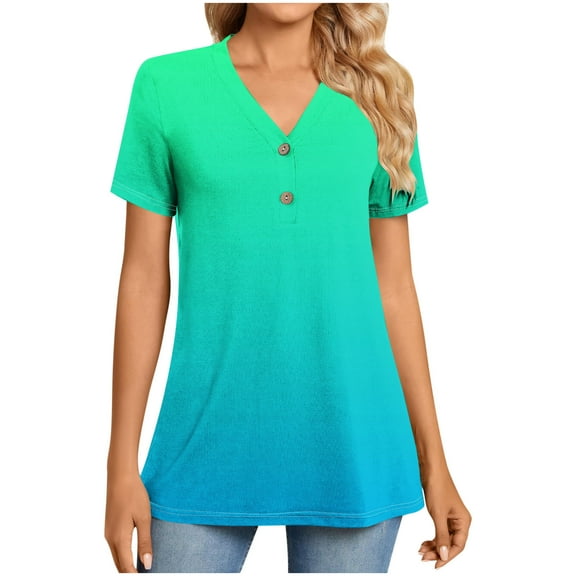Scyoekwg Womens Tops Hide Belly Tunic Summer Short Sleeve T Shirts Button V Neck Dressy Casual Loose Blouses for Leggings (Green,L)