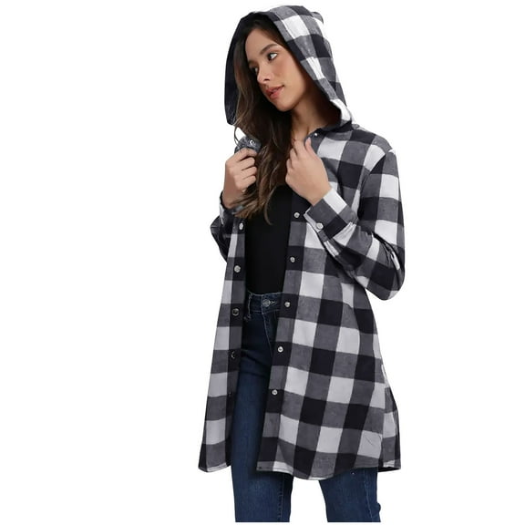 Scyoekwg Womens Tops Long Sleeve Casual Fall Fashion for Women Button Plaid Shirt Jackets Loose Fit Hooded Fall Clothes with Pcket (Gray_Z01,S)