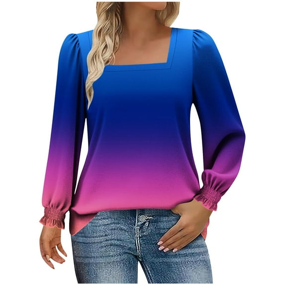 Scyoekwg Womens Tops Long Sleeve Casual Womens Square Neck Blouses Fall Fashion Drssy Casual Gradient Tunic Shirts Stretchy Pullover (Light Blue,M)