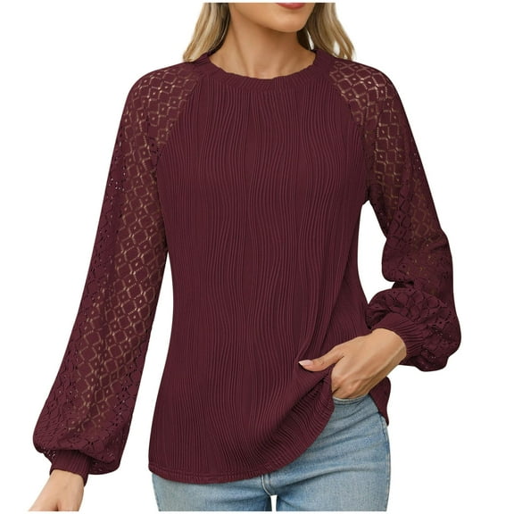 Scyoekwg Womens Tops Long Sleeve Crew Neck Lace Sleeve Patchwork Elegant Shirt Trendy Dressy Casual Blouses Fall Tops Solid Color Loose Lightweight Pullover (Wine,M)