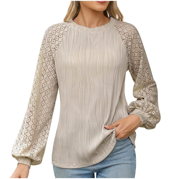 Scyoekwg Womens Tops Long Sleeve Crew Neck Lace Sleeve Patchwork Elegant Shirt Trendy Dressy Casual Blouses Fall Tops Solid Color Loose Lightweight Pullover (Beige,XXL)