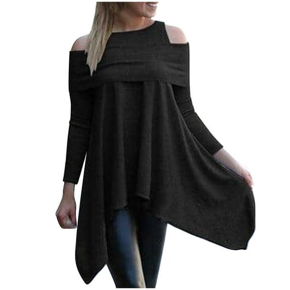 Scyoekwg Womens Tops Long Sleeve Round Neck Ruched Cold Shoulder Tops Tunic Shirts Casual Dressy Blouses Solid Color Loose Irregular Tops (Black,XXL)