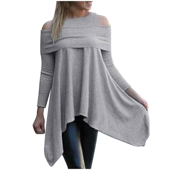 Scyoekwg Womens Tops Long Sleeve Round Neck Ruched Cold Shoulder Tops Tunic Shirts Casual Dressy Blouses Solid Color Loose Irregular Tops (Gray,M)