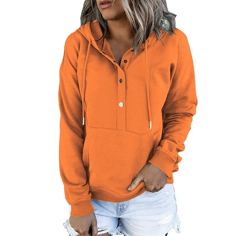 Scyoekwg Womens Tops Long Sleeve Sweatshirt Classic Solid Colors Casual  Hoodie Tops Ladies Sweatshirts Button Hooded Drawstring Pullover Sweatshirt  Trendy Pullover Tops Orange M 