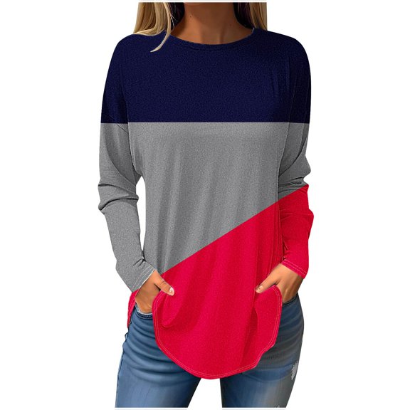 Scyoekwg Womens Tops Long Sleeve Tops Cewneck Dressy Tops for Leggings Lightweight Vintage Casual Fall Clothes Loose Color Block Patchwork Graphic Tee Pullover