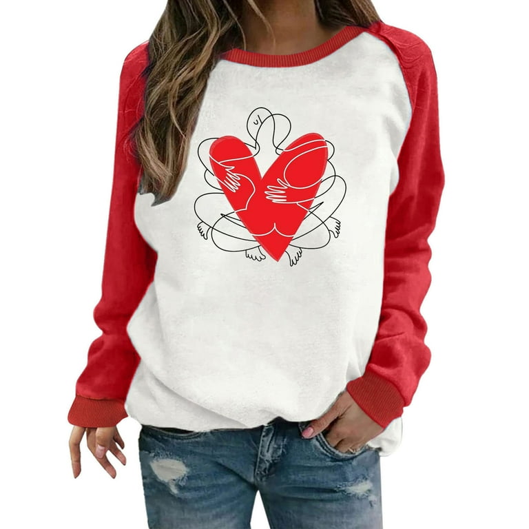 Scyoekwg Womens Tops Long Sleeve Valentine's Day Sweatshirt Casual Loose  Fit Shirts Tops Heart Print Long Sleeve Shirt Spring Graphic Tees Trendy  Raglan Crewneck Sweatshirts Red XXL 