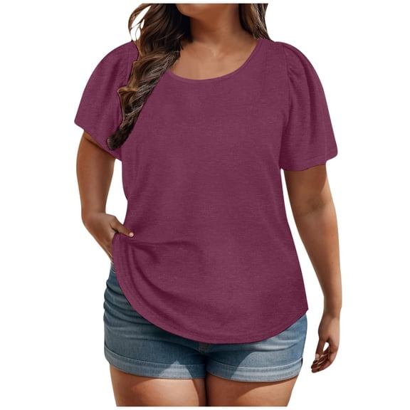 Scyoekwg Womens Tops Plus Size Crew Neck Short Sleeve T Shirts Solid Color Summer Tops Trendy Casual Loose Blouses (Wine,XXXXL)
