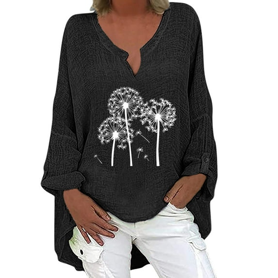 Scyoekwg Womens Tops Roll Up Sleeve Dandelion Print Shirts Casual Notch Collar Loose Fit Blouse Comfy Lightweight Hem Flowy Dressy Casual Tops #B03-Black S