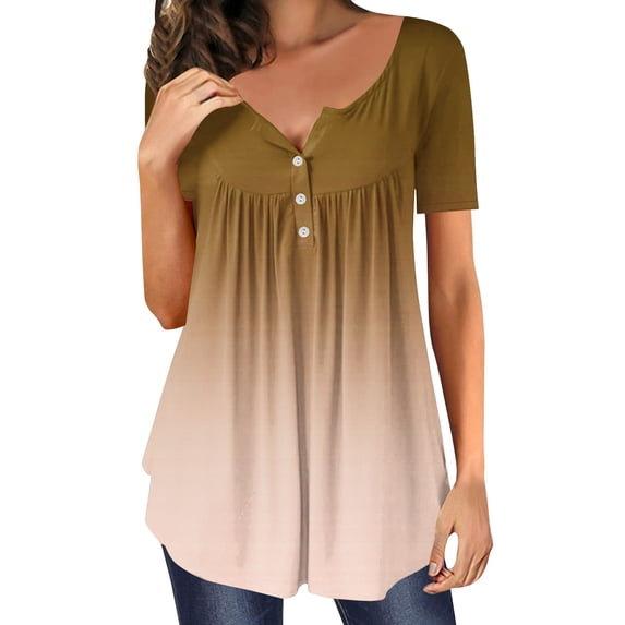 Scyoekwg Womens Tops Short Sleeve Hide Belly Shirts Gradient Color Round Neck Pleated Casual Dressy Tunic Tee Loose Blouses (#B=Light Blue,XXL)