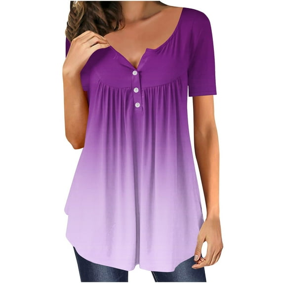 Scyoekwg Womens Tops Short Sleeve Hide Belly Shirts Gradient Color Round Neck Pleated Casual Dressy Tunic Tee Loose Blouses (#B=Purple,M)