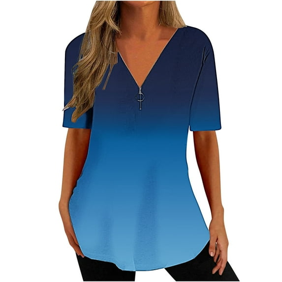 Scyoekwg Womens Tops Short Sleeve Ladies Tops Gradient Color Graphic Tee V-Neck Zipper Tunic Shirts Casual Comfy Summer Loose Blouses (Light Blue,XL)