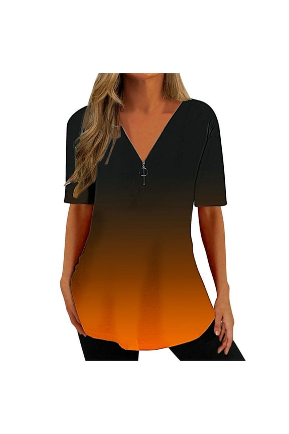 Womens Tops Short Sleeve Ladies Tops Gradient Color Graphic Tee V-Neck Zipper Tunic Shirts Casual Comfy Summer Loose Blouses (Orange,XXL)