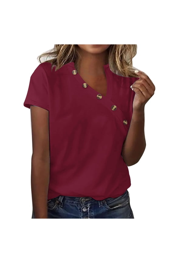 Womens Tops Short Sleeve Ladies Tops Summer Loose Solid Color Casual V-Neck Button Shirts Comfy Blouses (Wine,XXXXL)