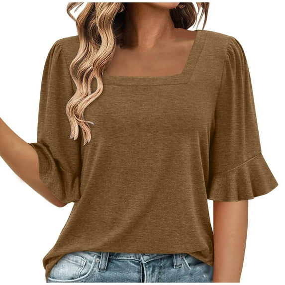 Scyoekwg Womens Tops Short Sleeve Square Neck Business Casual Blouses Loose Shirts Summer Trendy Solid Color Comfy Tshirt Blouses (Khaki,L)