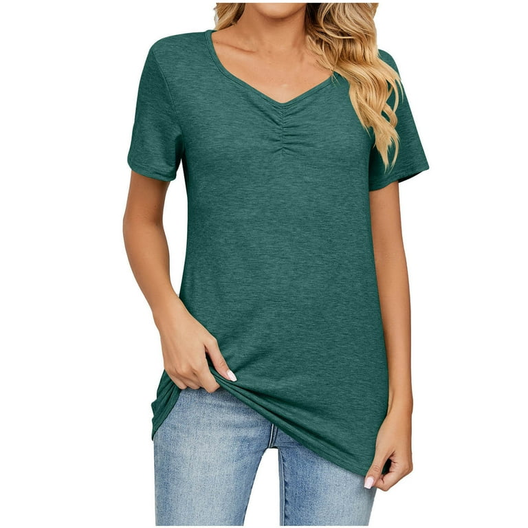 Scyoekwg Womens Tops Short Sleeve T Shirts V Neck Button Relaxed Fit Shirts Casual Short Sleeve Tops Summer Solid Color Tees Shirt Top Blouse