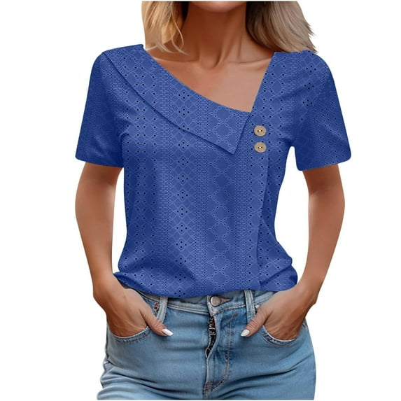 Scyoekwg Womens Tops Short Sleeve Tops Casual Comfy V-Neck Button Eyelet Shirts Summer Ladies Tops Solid Color Loose Blouses (Blue,XL)