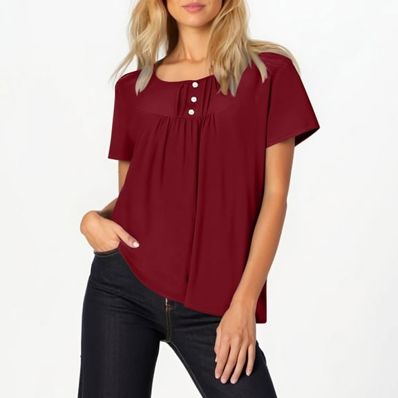 Scyoekwg Womens Tops Summer Henley Shirts Trendy Short Sleeve Button Up Tunic Tops Cute Long Flowy Pleated Tshirt Solid Color Casual Dressy Blouses to Wear with Leggings (Red,3XL)