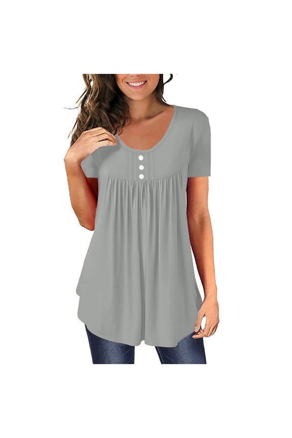 Womens Tops Summer Henley Shirts Trendy Short Sleeve Button Up Tunic Tops Cute Long Flowy Pleated Tshirt Solid Color Casual Dressy Blouses to Wear with Leggings (#A=Gray,2XL)