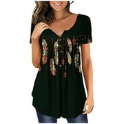 Scyoekwg Womens Tops Summer Henley Shirts Trendy Short Sleeve Button Up Tunic Tops Cute Long Flowy Pleated Tshirt Floral Pattern Print Casual Dressy Blouses to Wear with Leggings #01-Black XL