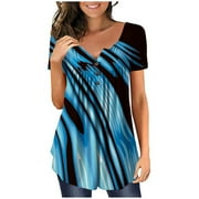 Scyoekwg Womens Tops Summer Henley Shirts Trendy Short Sleeve Button Up Tunic Tops Cute Long Flowy Pleated Tshirt Floral Pattern Print Casual Dressy Blouses to Wear with Leggings #01-Blue L