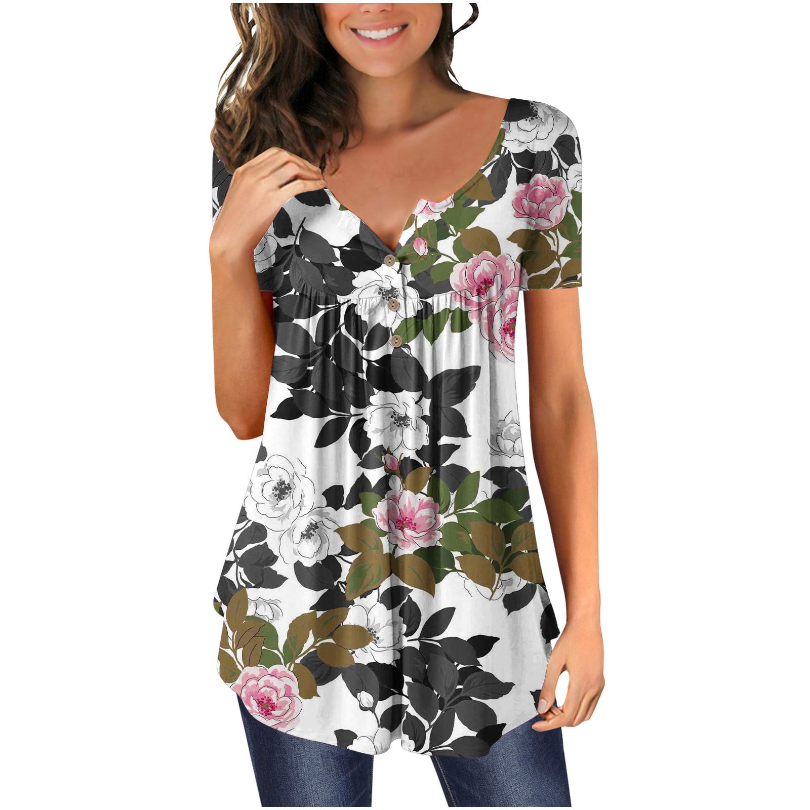 Scyoekwg Womens Tops Summer Henley Shirts Trendy Short Sleeve Button Up  Tunic Tops Cute Long Flowy Pleated Tshirt Floral Pattern Print Casual  Dressy