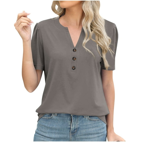 Scyoekwg Womens Tops Summer Short Sleeve Casual Shirts Trendy V Neck Button Tunic Shirts Lightweight Loose Comfy Blouses (Gray,XXXL)