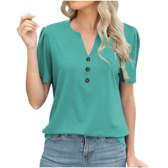 Scyoekwg Womens Tops Summer Short Sleeve Casual Shirts Trendy V Neck Button Tunic Shirts Lightweight Loose Comfy Blouses (Mint Green,XXL)