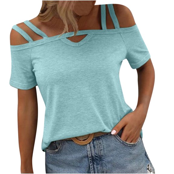 Scyoekwg Womens Tops Summer Trendy Round Neck Cold Shoulder Tops Casual Solid Color Short Sleeve T Shirts Loose Lightweight Comfy Blouses (Sky Blue,L)