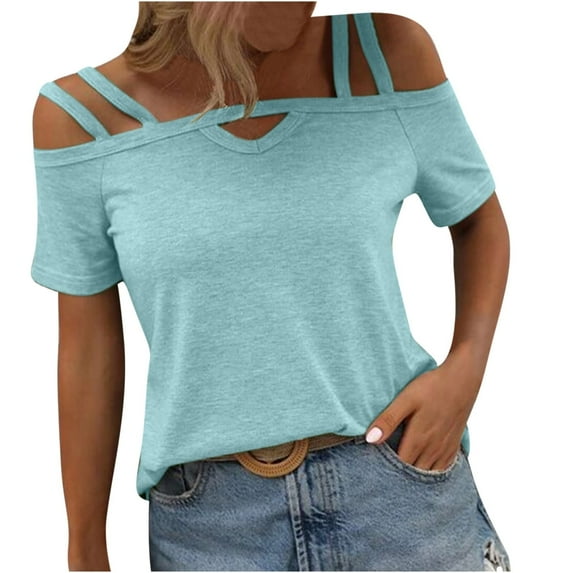 Scyoekwg Womens Tops Summer Trendy Round Neck Cold Shoulder Tops Casual Solid Color Short Sleeve T Shirts Loose Lightweight Comfy Blouses (Sky Blue,XL)