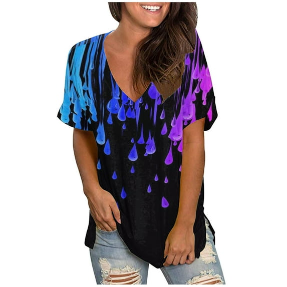 Scyoekwg Womens Tops Summer Trendy Short Sleeve Shirt for Women Personality Print Comfy Casual Loose Graphic Tees V-Neck Tunic Tops T-Shirts Purple M
