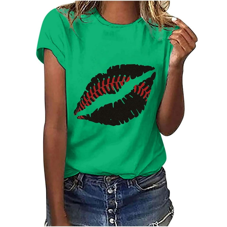 Scyoekwg Womens Tops Summer Trendy Short Sleeve T Shirts Lip Print Graphic  Relaxed Fit Round Neck Tees Tops Casual Shirts Clearance Green XXXL US(14)  
