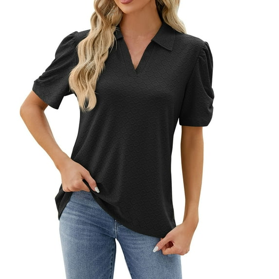 Scyoekwg Womens Tops Summer Trendy V-Neck Eyelet Shirts Soft Comfy Solid Color Short Sleeve T Shirts Casual Lightweight Loose Blouses (Black,XL)