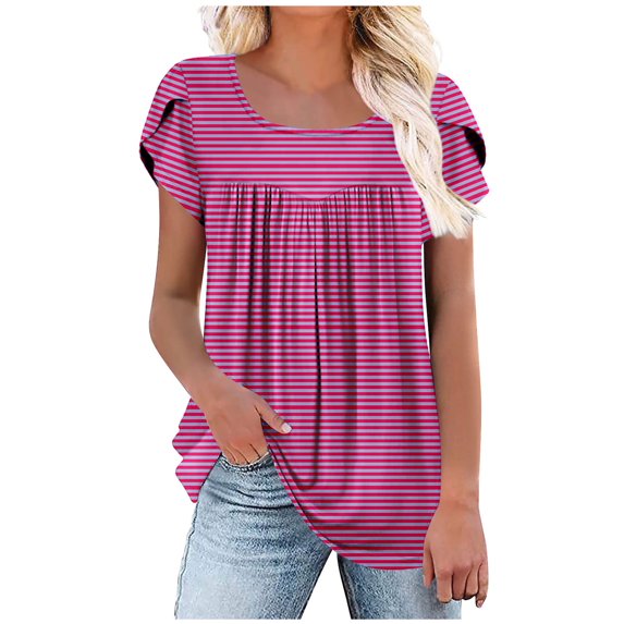 Scyoekwg Womens Tops Summer Tunic Shirts Trendy Short Sleeve Cute Long Flowy Pleated Tshirt Gradient Color Casual Dressy Blouses to Wear with Leggings (#B=Pink,M)