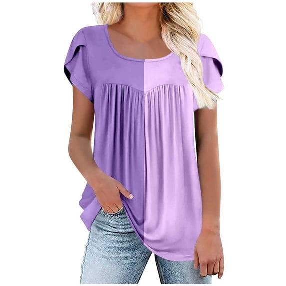 Scyoekwg Womens Tops Summer Tunic Shirts Trendy Short Sleeve Cute Long Flowy Pleated Tshirt Gradient Color Casual Dressy Blouses to Wear with Leggings (#B=Purple,XL)