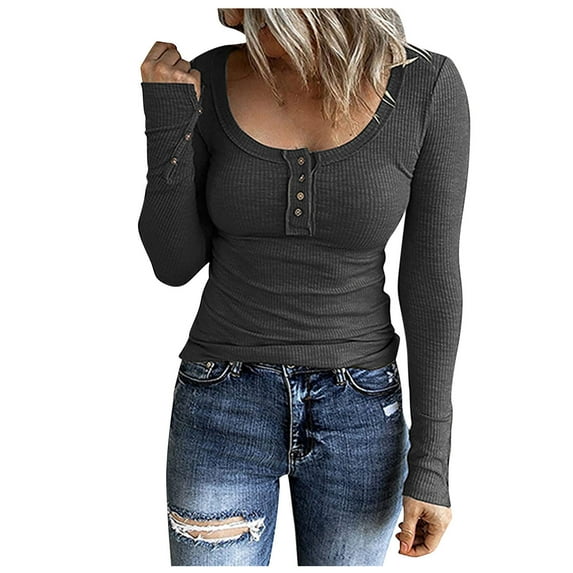 Scyoekwg Womens Tops Trendy Round Neck Long Sleeve Slim T Shirts Casual Solid Color Basic Tops Lightweight Blouses (Dark Gray,L)