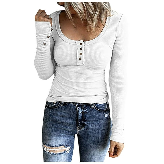 Scyoekwg Womens Tops Trendy Round Neck Long Sleeve Slim T Shirts Casual Solid Color Basic Tops Lightweight Blouses (White,S)