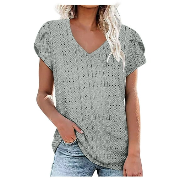 Scyoekwg Womens Tops Trendy Short Sleeve T Shirts Dressy Casual V Neck Eyelet Petal Sleeve Tops Classic Solid Color Relaxed Fit Summer Blouses Tshirt Green L US(8)