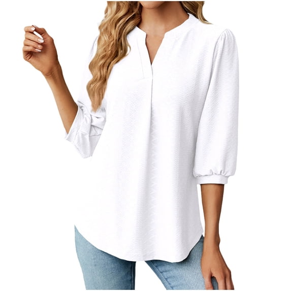 Scyoekwg Womens Tops Trendy Short Sleeve Tunic Casual Tshirt Loose Comfy Blouse V-Neck Elegant Shirts Dressy Blouse Classic Solid Color Cute Tops (White,L)
