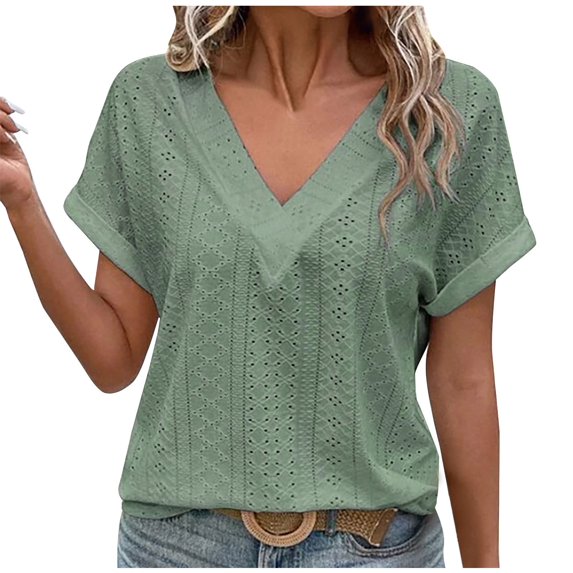 Scyoekwg Womens Tops Trendy Short Sleeve Tunic Loose Comfy Blouse Dressy Blouse Casual Tshirt V-Neck Eyelet Shirts Classic Solid Color Tunic Tops (Green,L)