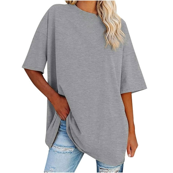 Scyoekwg Womens Tops Trendy Summer Loose Comfy Blouse Crewneck Oversized Tees Going Out Tops Classic Solid Color Casual Tshirt Short Sleeve Blouses (Gray,L)