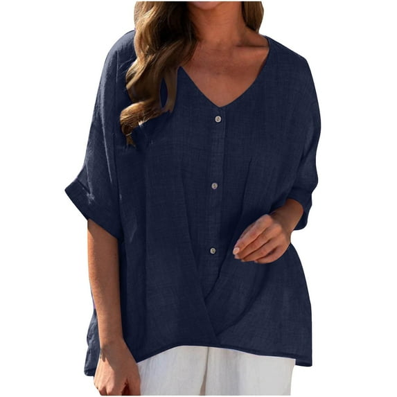Scyoekwg Womens Tops Trendy Summer Loose Comfy Plus Size V-Neck Embroidered Cotton and Linen Tops Going Out Tops Classic Solid Color Short Sleeve Casual Tshirt Blouses (Navy,L)