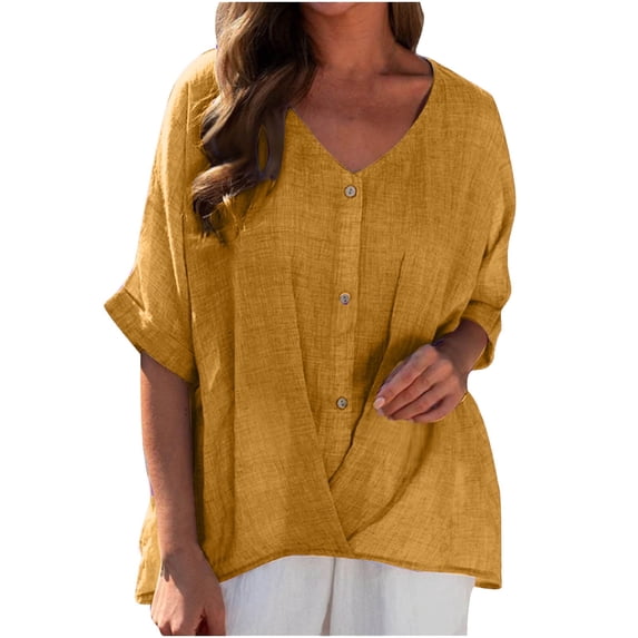 Scyoekwg Womens Tops Trendy Summer Loose Comfy Plus Size V-Neck Embroidered Cotton and Linen Tops Going Out Tops Classic Solid Color Short Sleeve Casual Tshirt Blouses (Yellow,L)