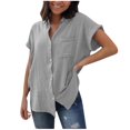 thumbnail image 1 of Scyoekwg Womens Tops Trendy Summer Short Sleeve Lapel Button Shirt Going Out Tops Classic Solid Color Casual Loose Comfy Blouse Tshirt (Gray,XL), 1 of 5