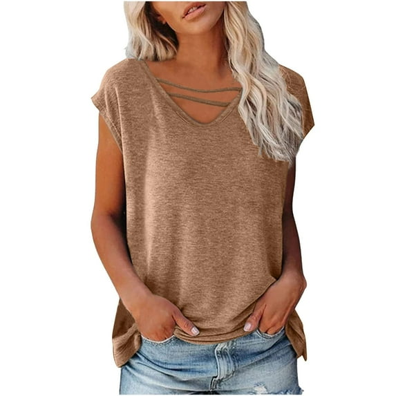 Scyoekwg Womens Tops Trendy Summer Short Sleeve Loose Comfy Blouse Tshirt Casual Crewneck Basic Tops Going Out Tops Classic Solid Color T Shirt (Khaki,XL)