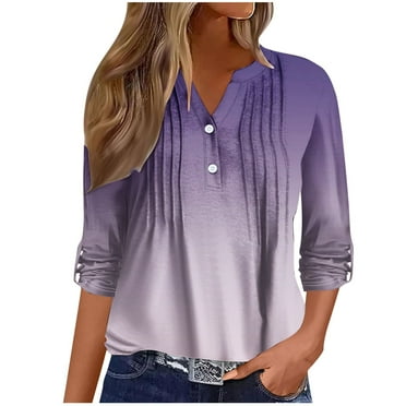 Scyoekwg Womens Tops V-Neck Button Roll Up Sleeve Pleated Shirts Long Sleeve Tops Dressy Casual Blouses Fashion Vintage Loose Gradient Color Graphic Tops Fall Clothes Blouses(Purple,XXXL)