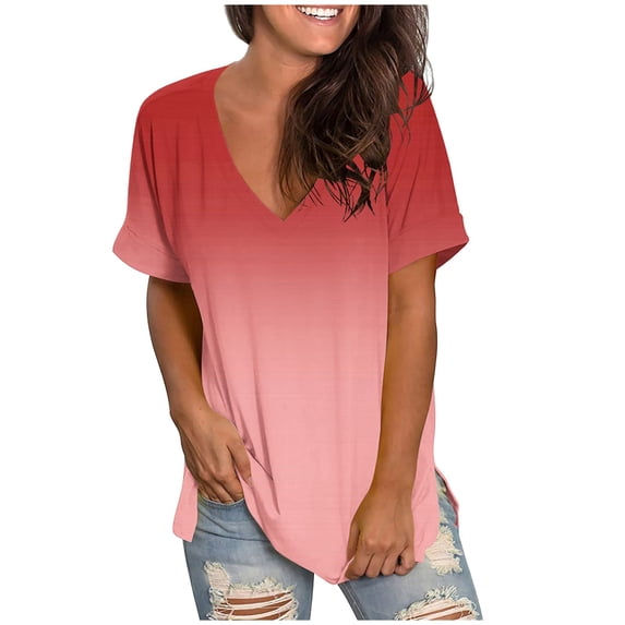 Scyoekwg Womens Tops V Neck Gradient Color Short Sleeve Shirts for Women Summer Loose Casual Trendy Blouses Tshirt (#D=Red,L)