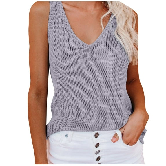 Scyoekwg Womens Tops V-Neck Knitting Tank Tops Suspenders Summer Casual Dressy Blouse Sling Loose Sleeveless Solid Color T Shirts (Gray,M)