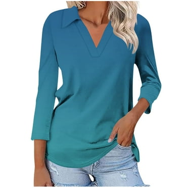 Scyoekwg Womens Tops V-Neck Lapel Three-quarter Sleeve Tshirt Loose 3/4 Sleeve Tops Fall Clothes Gradient Color Graphic Tops Dressy Casual Blouses Fashion Vintage Pullover(Navy,M)
