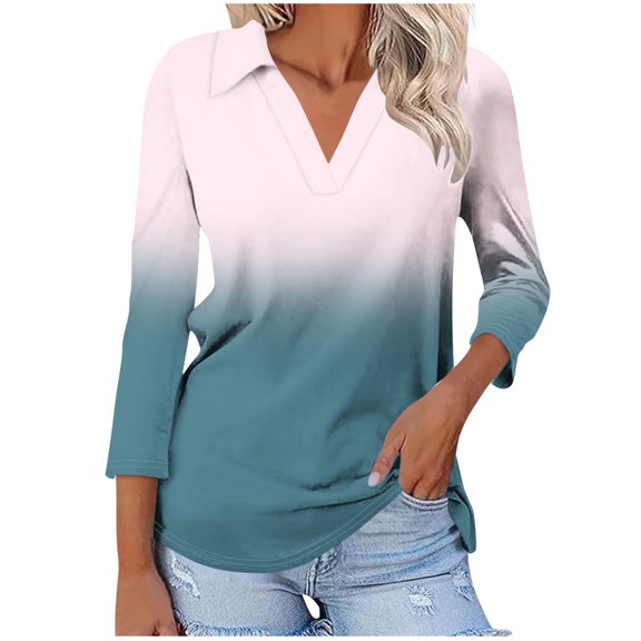 Scyoekwg Womens Tops V-Neck Lapel Three-quarter Sleeve Tshirt Loose 3/4 Sleeve Tops Fall Clothes Gradient Color Graphic Tops Dressy Casual Blouses Fashion Vintage Pullover(White,L)