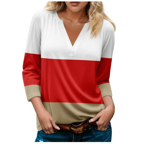 Scyoekwg Womens Tops V-Neck Three-quarter Sleeve Shirts Fashion Vintage Loose Fall Clothes Color Block Graphic Tops 3/4 Sleeve Tops Dressy Casual Blouses Blouses(Red,S)